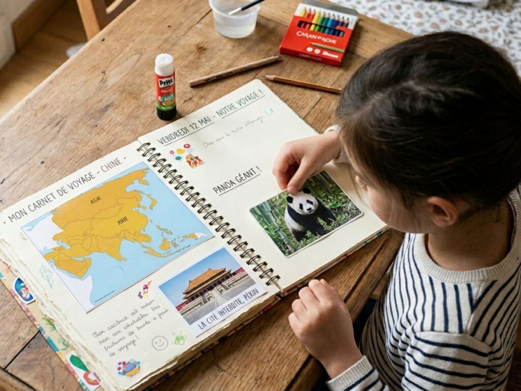 Une petite fille colle la photo d'un panda géant dans son carnet de découverte du monde à la page dédiée à la Chine et à l'Asie.