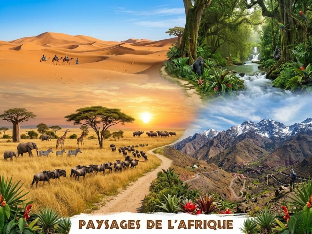 Grand montage photo intitulé "Paysages de l'Afrique" montrant le désert du Sahara, la forêt tropicale, la savane au coucher du soleil et des montagnes enneigées.
