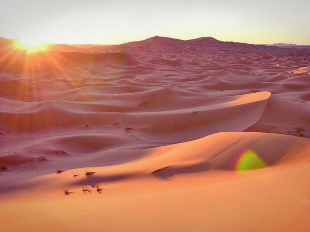 Les immenses dunes de sable du désert du Sahara éclairées par les premiers rayons du soleil en Afrique du Nord.
