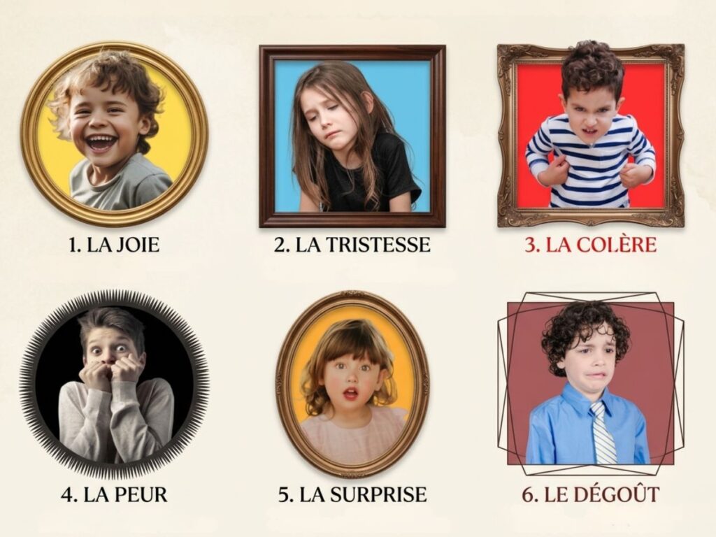 Tableau illustré des six émotions de base chez l'enfant : joie, tristesse, colère, peur, surprise et dégoût.