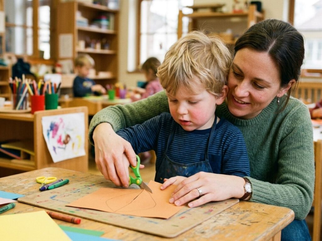 Adulte accompagnant un enfant de maternelle dans son apprentissage du découpage