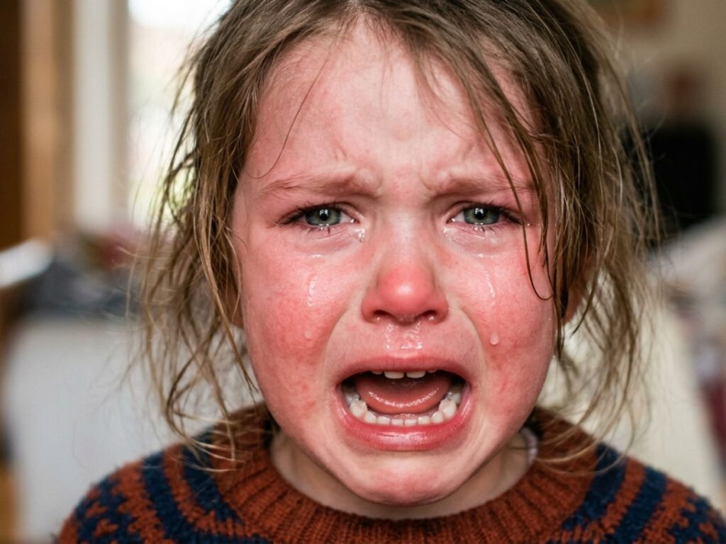 Gros plan sur le visage d'un jeune enfant en larmes, la bouche ouverte en train de crier, illustrant une crise de colère et un débordement émotionnel.