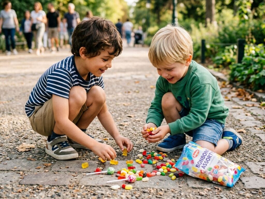 Deux petits garçons accroupis sur un chemin pavé ramassent et partagent joyeusement un sachet de bonbons colorés renversé par terre.