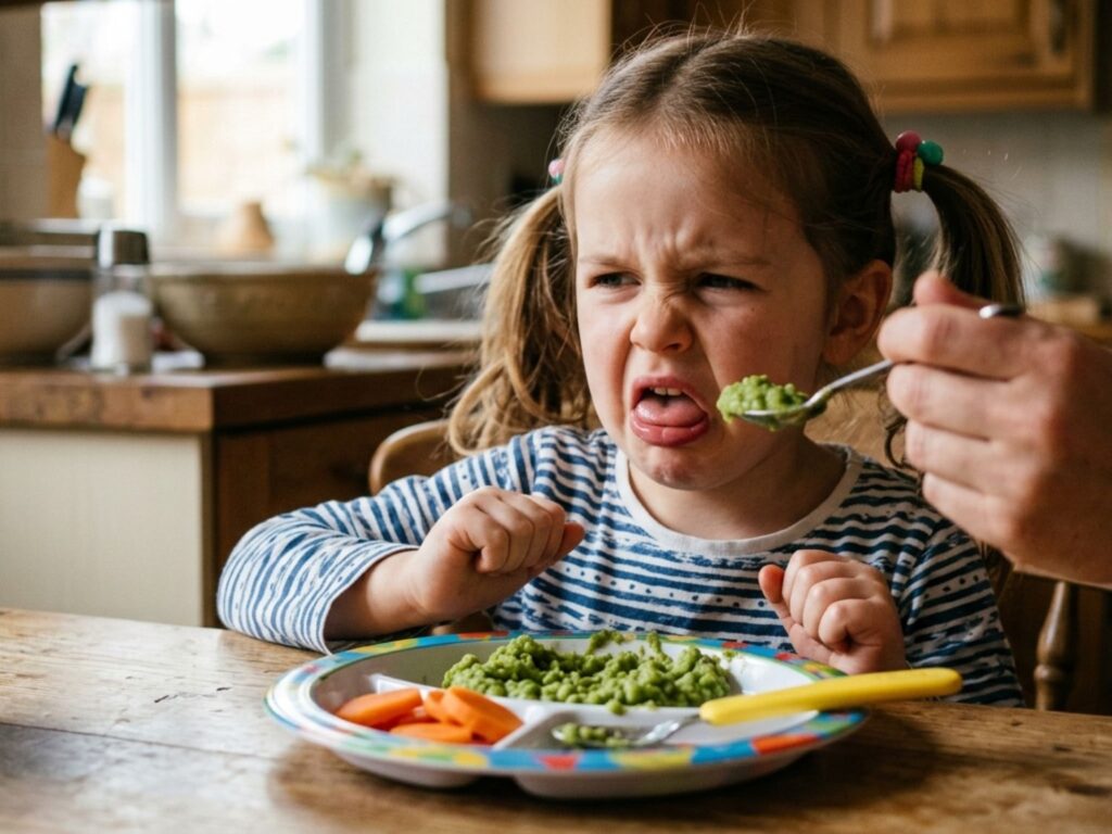 Petite fille faisant une grimace de dégoût face à une cuillère de purée de légumes verts.