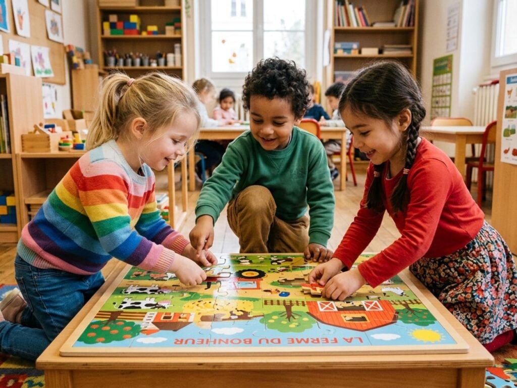 Trois enfants complètent ensemble un grand puzzle en bois sur le thème de la ferme, illustrant la coopération et l'entraide.