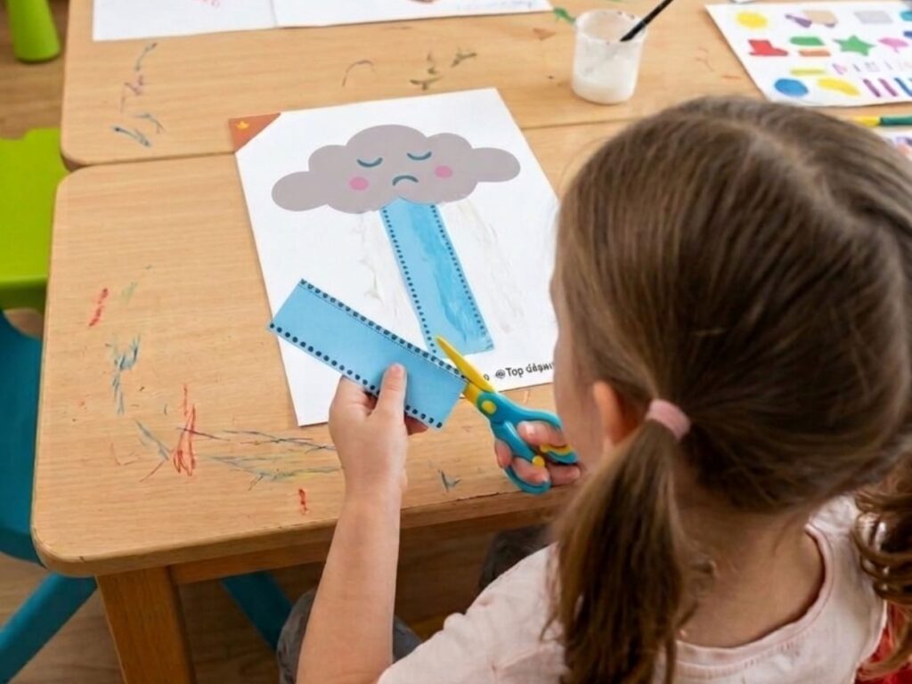 Enfant découpant une fiche pédagogique illustrée avec un nuage