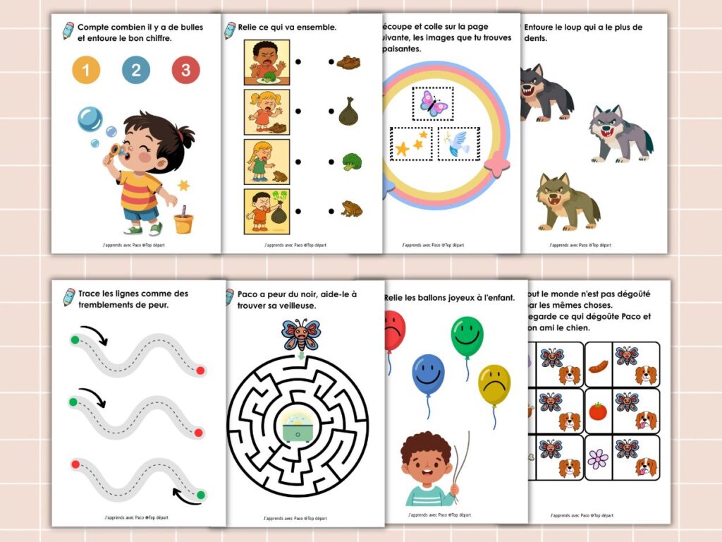 Aperçu de plusieurs fiches d'exercices imprimables pour la maternelle issues du dossier pédagogique de Paco (labyrinthe de la peur, graphisme, association d'émotions).