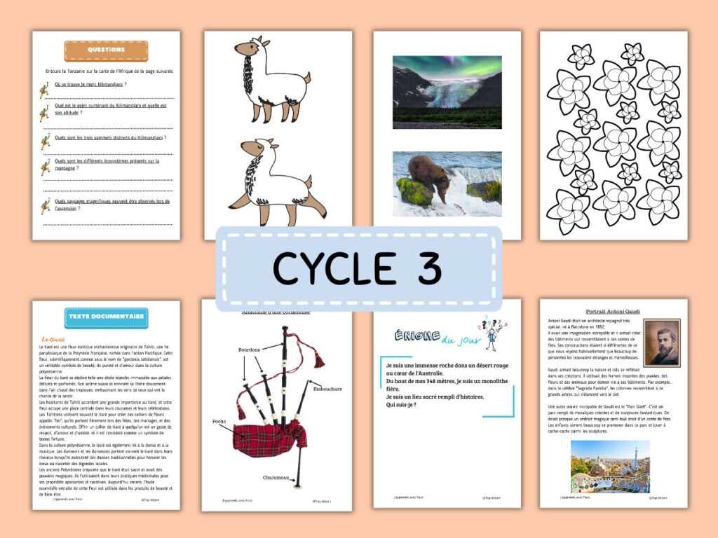 Une présentation de plusieurs pages d'exercices pour le Cycle 3 comprenant un questionnaire sur le Kilimandjaro, un dessin de lama, des photographies d'aurore boréale et de grizzly, un texte documentaire sur le tiaré, le schéma d'une cornemuse, une énigme et un portrait d'Antoni Gaudí.