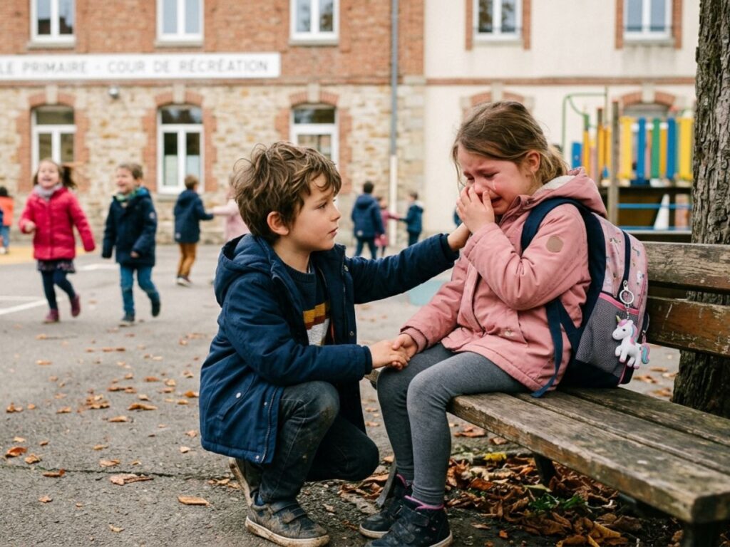Un petit garçon rassure et console une écolière en larmes assise sur un banc dans une cour de récréation.
