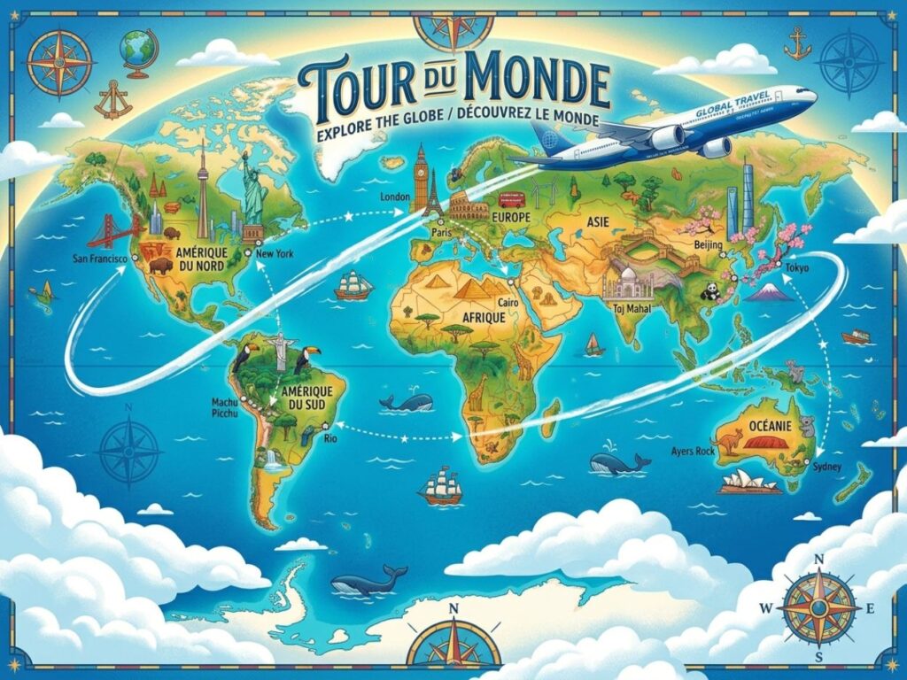 Carte du monde illustrée pour enfants intitulée "Tour du monde" montrant un avion reliant les différents continents avec leurs monuments et animaux phares.