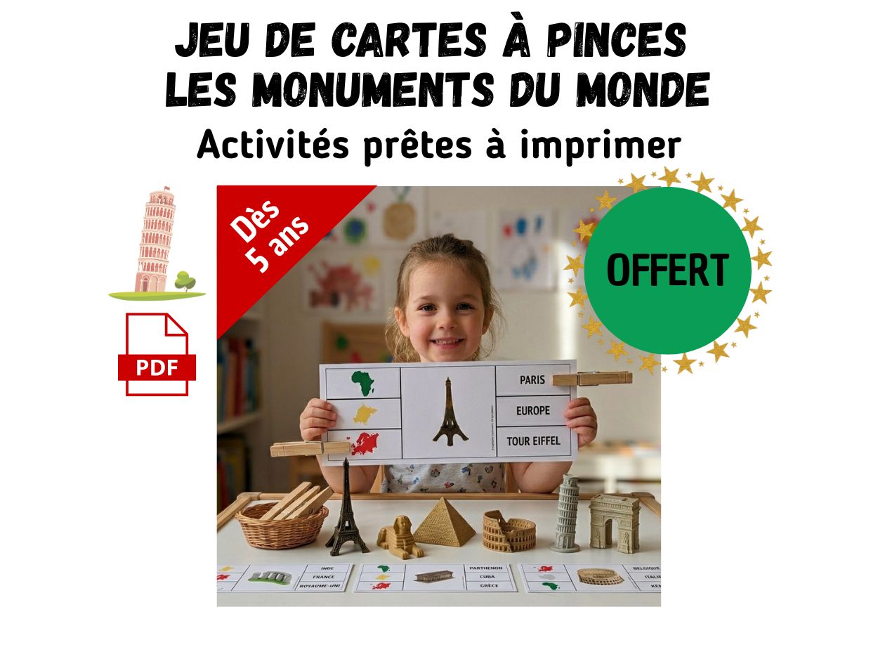 Petite fille jouant avec l'activité éducative gratuite à imprimer des cartes à pinces sur les monuments du monde et les continents pour enfants dès 5 ans.