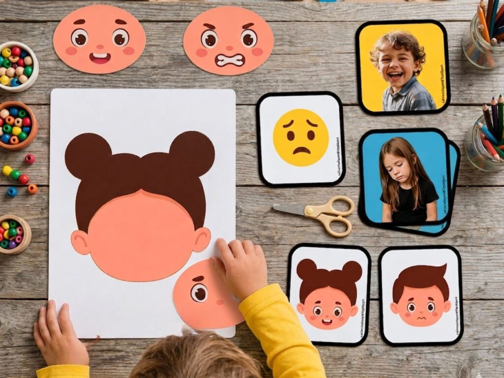 Atelier ludique sur table en bois avec des cartes émotions d'enfants (joie, tristesse, colère) et un support en papier pour reconstituer les expressions du visage.