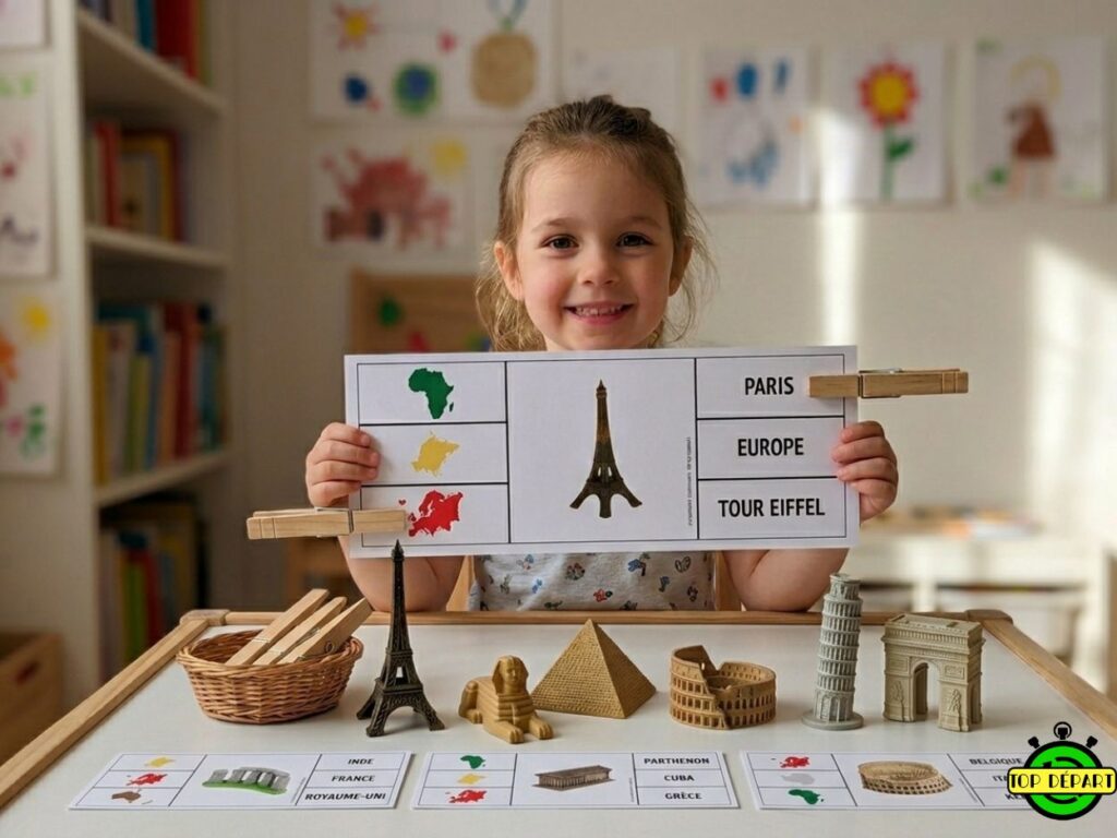 Une petite fille souriante montre une fiche d'activité éducative en carton où elle a placé des pinces à linge pour associer la carte de l'Europe, le monument de la Tour Eiffel et la ville de Paris. Devant elle, plusieurs figurines de monuments (Sphinx, pyramide, Colisée, Tour de Pise, Arc de Triomphe).