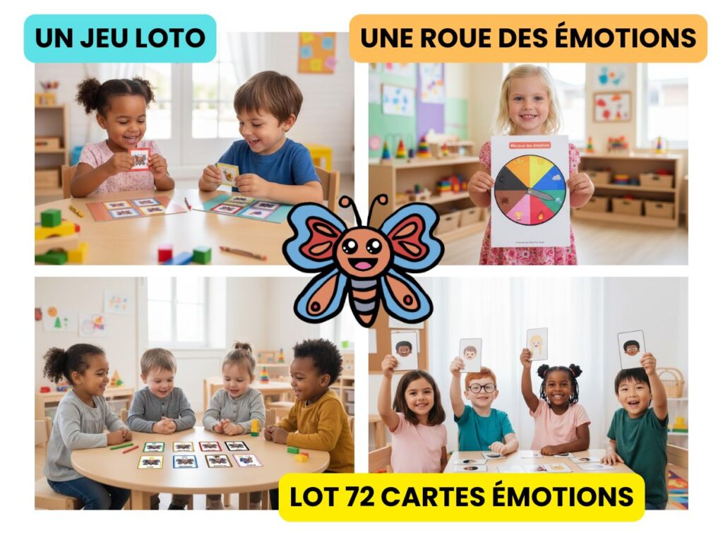 Un montage de quatre photos montrant des enfants en classe de maternelle qui s'amusent avec un jeu de loto, une roue des émotions colorée et un lot de cartes illustrées représentant différents visages.