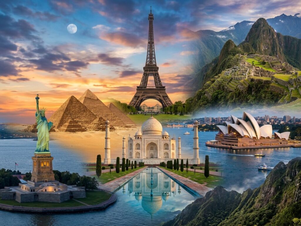 Composition de monuments mondiaux célèbres incluant la Statue de la Liberté, les Pyramides, la Tour Eiffel, le Taj Mahal, l'Opéra de Sydney et le Machu Picchu.