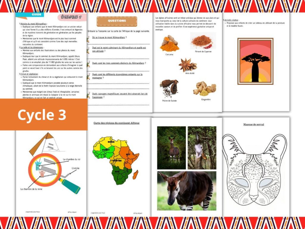 Aperçu des fiches éducatives du pack Afrique Cycle 3 comprenant des énigmes sur le Kilimandjaro, des cartes et un masque de serval à colorier.
