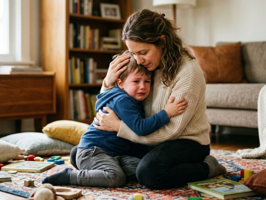 Une mère assise par terre serre tendrement son jeune fils en larmes dans ses bras pour le consoler avec bienveillance.