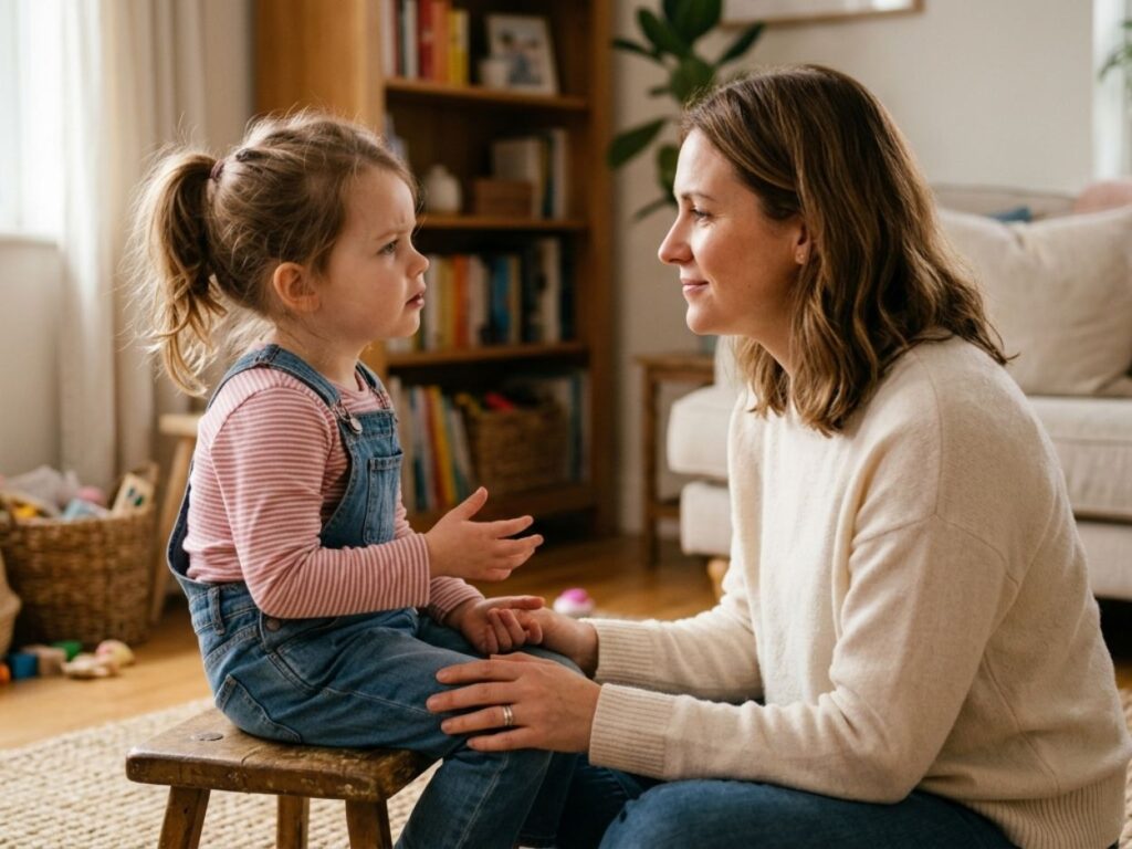 Une mère bienveillante est à hauteur de sa petite fille, la regardant avec empathie et lui tenant les mains dans un salon pour l'aider à se calmer et exprimer ses émotions.