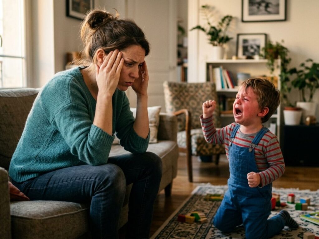 Une maman assise sur un canapé se tient la tête, l'air dépassé et fatigué, tandis que son jeune enfant à genoux crie et lève le poing en pleine crise de frustration.
