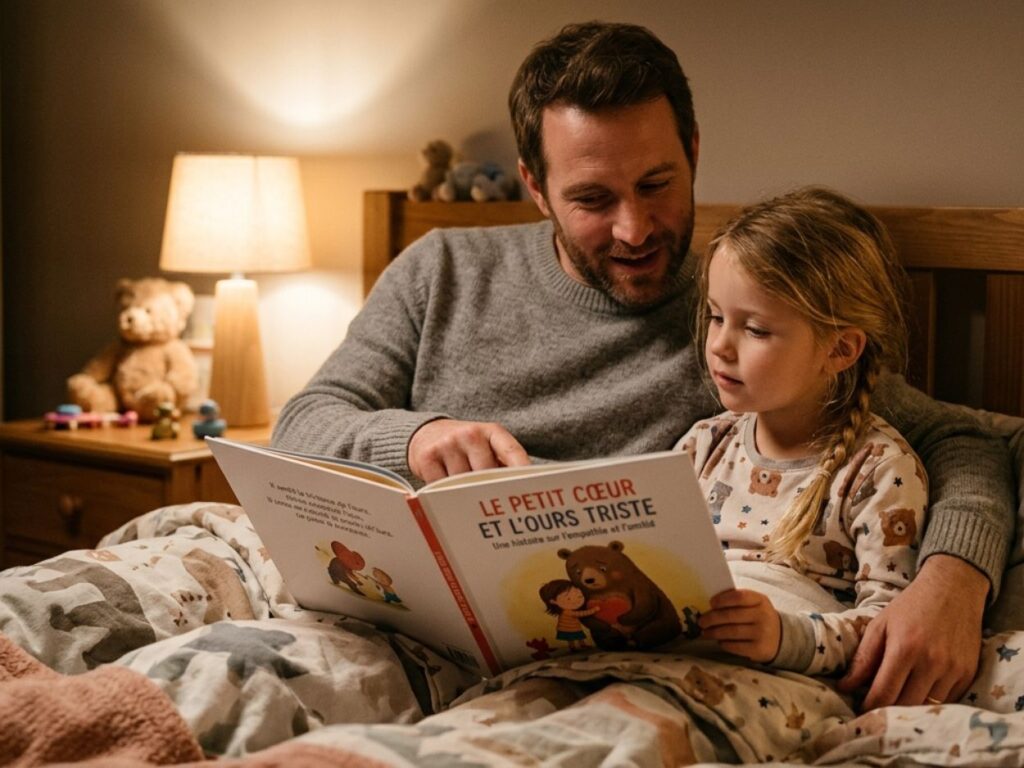 Un père lit le livre pour enfants "Le Petit Cœur et l'Ours Triste" à sa fille dans son lit pour aborder le thème de l'empathie.