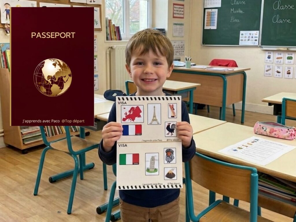 Jeune élève souriant dans une classe d'école primaire montrant fièrement son passeport pédagogique ouvert avec les visas de la France et de l'Italie.