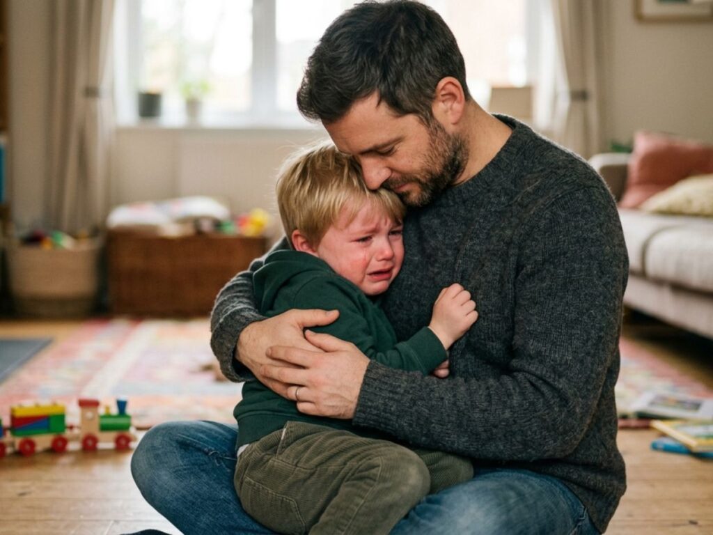 Un père assis au sol serre tendrement son jeune enfant en larmes dans ses bras pour l'apaiser, illustrant l'accueil bienveillant des émotions et le retour au calme.