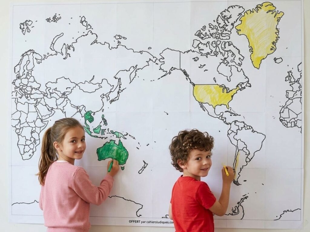 Deux jeunes enfants souriants en train de colorier une grande carte du monde vierge affichée au mur pour apprendre l'emplacement des continents.