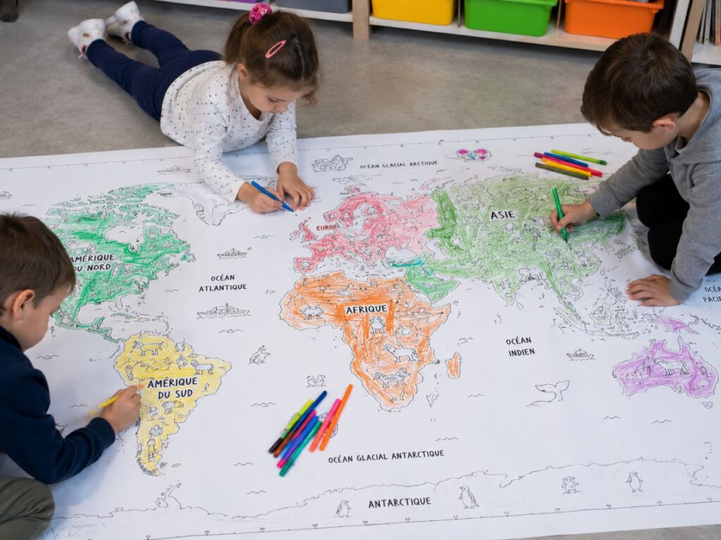 Trois enfants assis par terre en train de colorier et d'écrire le nom des continents sur un très grand planisphère vierge imprimé.