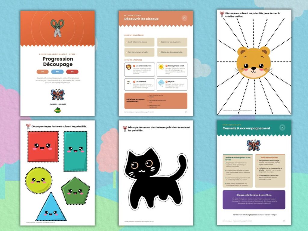Exemples de fiches pédagogiques pour apprendre à découper aux ciseaux en maternelle (PS, MS, GS).