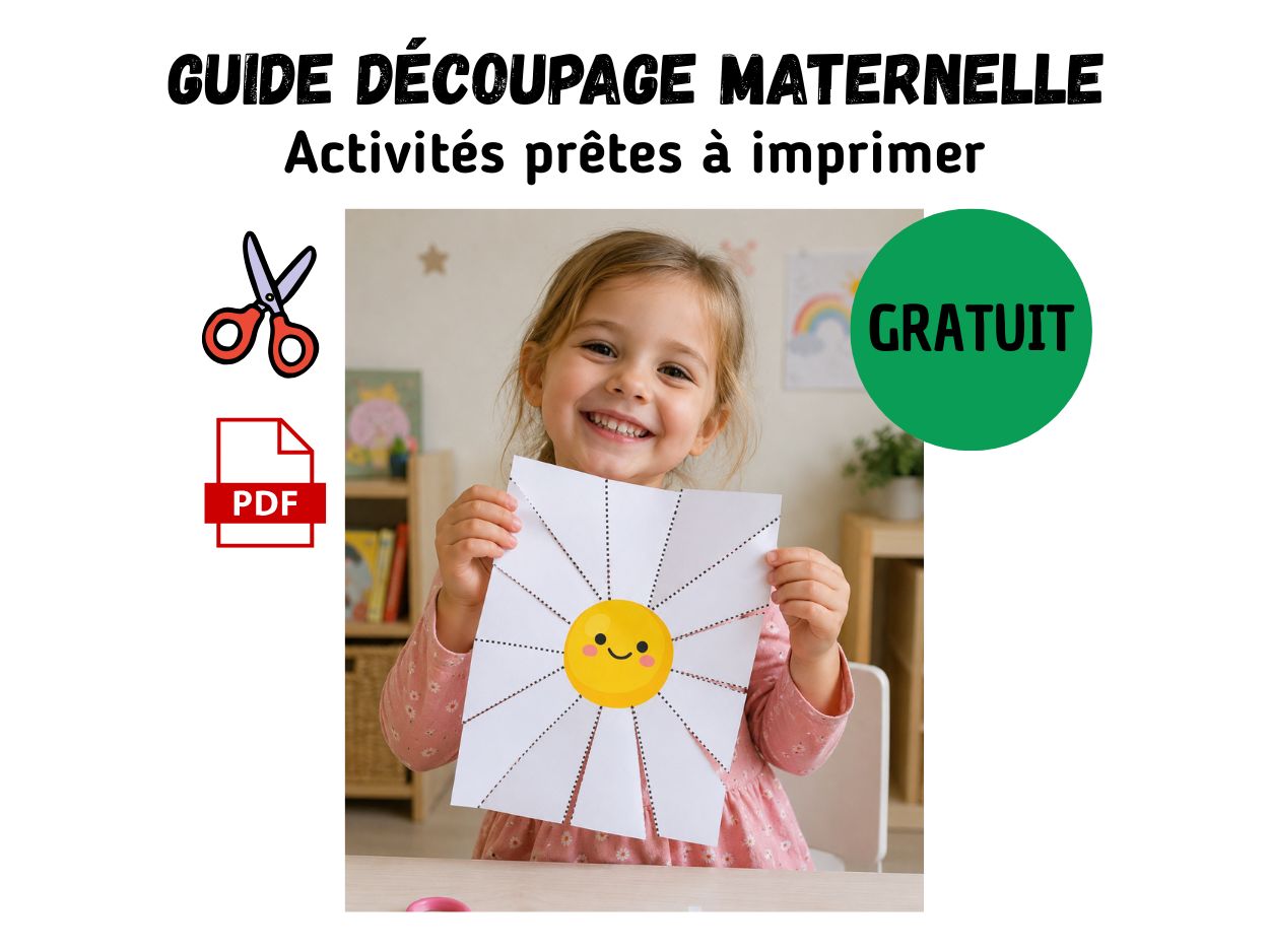 Enfant tenant une fiche d'activité de découpage maternelle gratuite sur le thème du soleil, format PDF à imprimer.