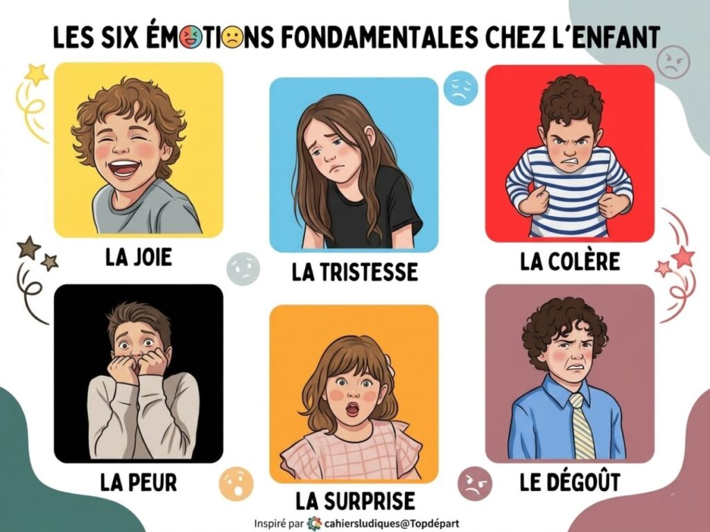 Affiche éducative présentant les six émotions fondamentales chez l'enfant : la joie, la tristesse, la colère, la peur, la surprise et le dégoût avec des illustrations de visages expressifs.