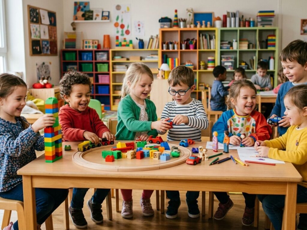 Groupe de jeunes enfants en maternelle qui partagent joyeusement des jeux de construction et de petites voitures autour d'une table en bois.