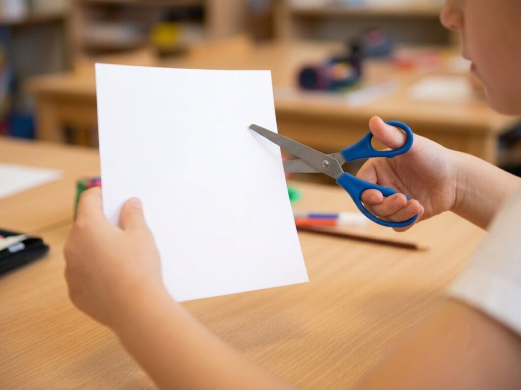 Gros plan sur les mains d'un enfant : une main tient les ciseaux, l'autre maintient le papier