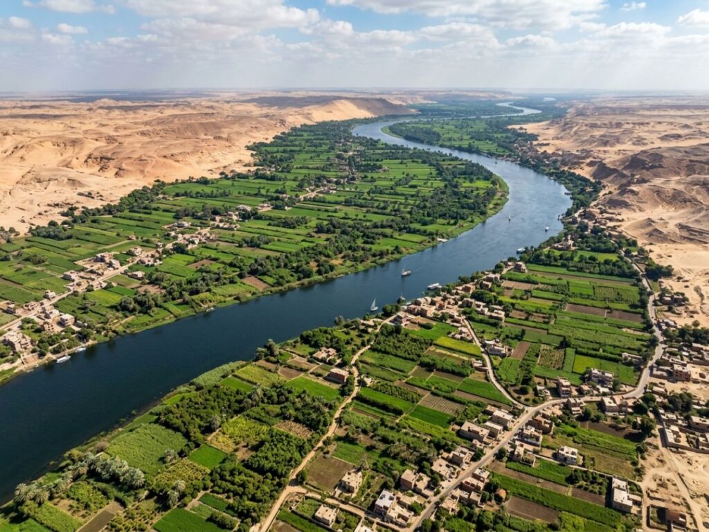 Une vue aérienne du fleuve Nil traversant une vallée verdoyante et cultivée au milieu du désert aride en Afrique.
