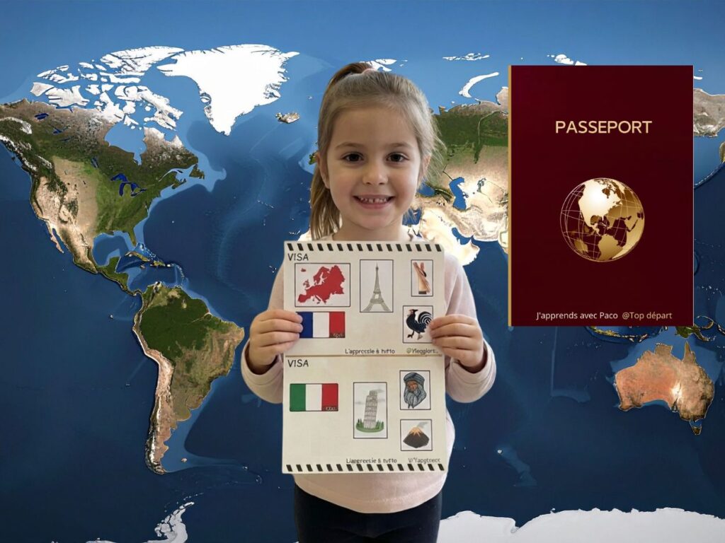 Enfant avec passeport de découverte des continents devant une carte du monde