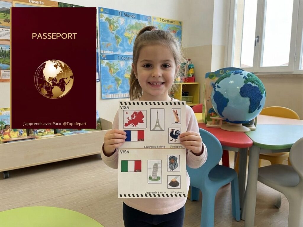 Petite fille présentant ses visas géographiques pour le passeport des continents