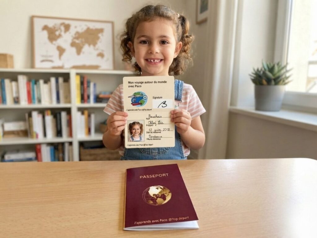 Enfant présentant son passeport de voyage autour du monde avec Paco