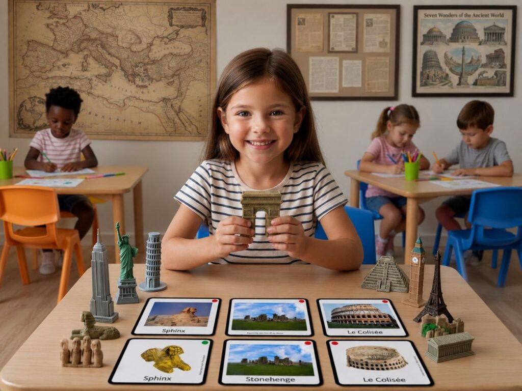Une jeune fille sourit en tenant une figurine de l'Arc de Triomphe, entourée de cartes pédagogiques et de modèles réduits de monuments célèbres devant des enfants qui travaillent en classe.