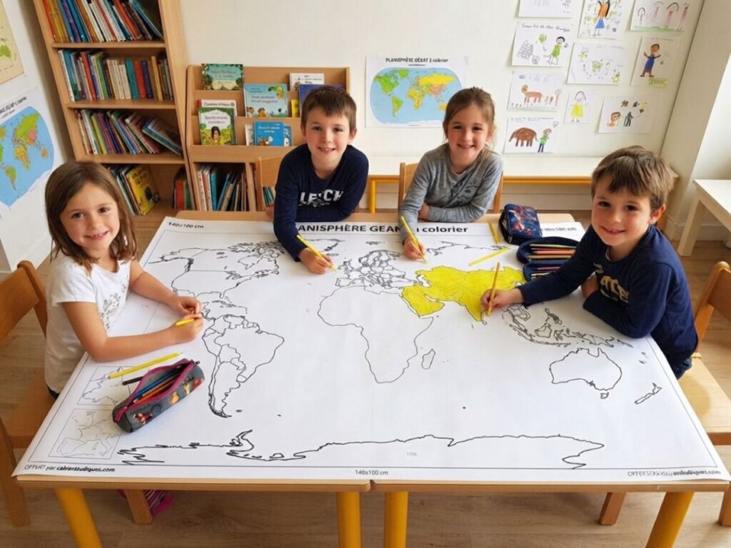 Enfants coloriant un planisphère géant en classe