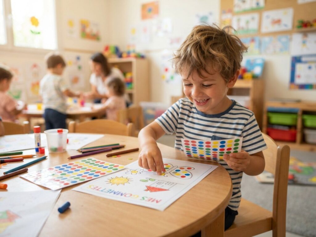 Jeune garçon concentré collant des gommettes colorées sur une feuille de papier.