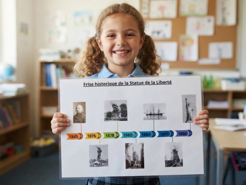 Gros plan sur une élève présentant une frise historique visuelle sur l'histoire de la Statue de la Liberté.