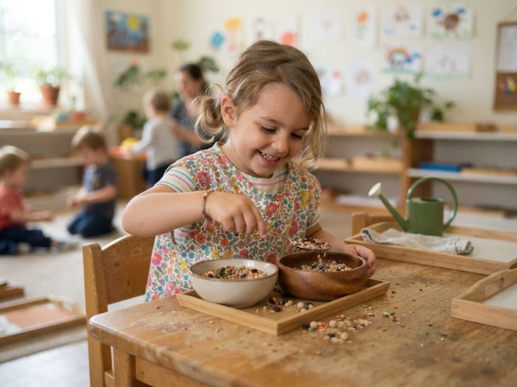 Petite fille souriante pratiquant le transvasement de graines avec une cuillère en classe.
