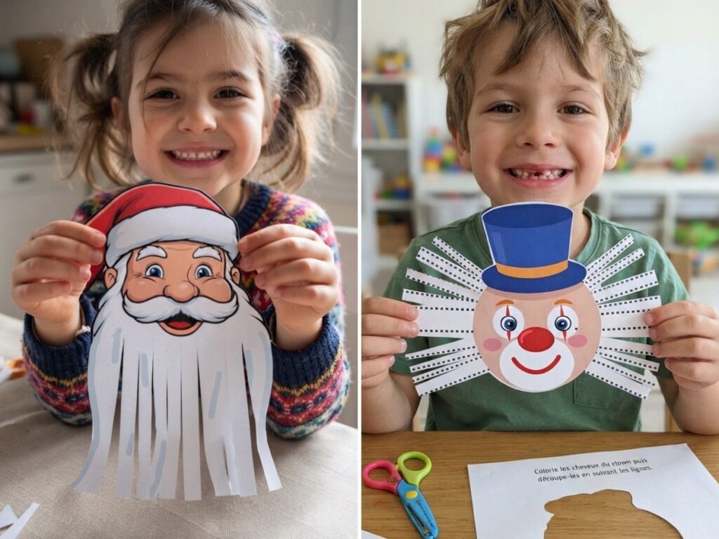 Un jeune garçon et une jeune fille souriants présentant leurs créations découpées en papier, un Père Noël et un clown