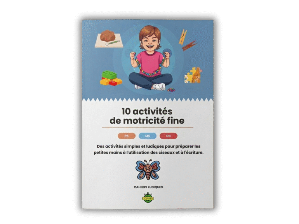 Couverture du livret "10 activités de motricité fine" illustrée par une enfant en train d'enfiler des perles, entourée de blocs de construction, de pâte à modeler, de pinces à linge et de puzzles. Le logo "Cahiers Ludiques" et "Top Départ" est visible.