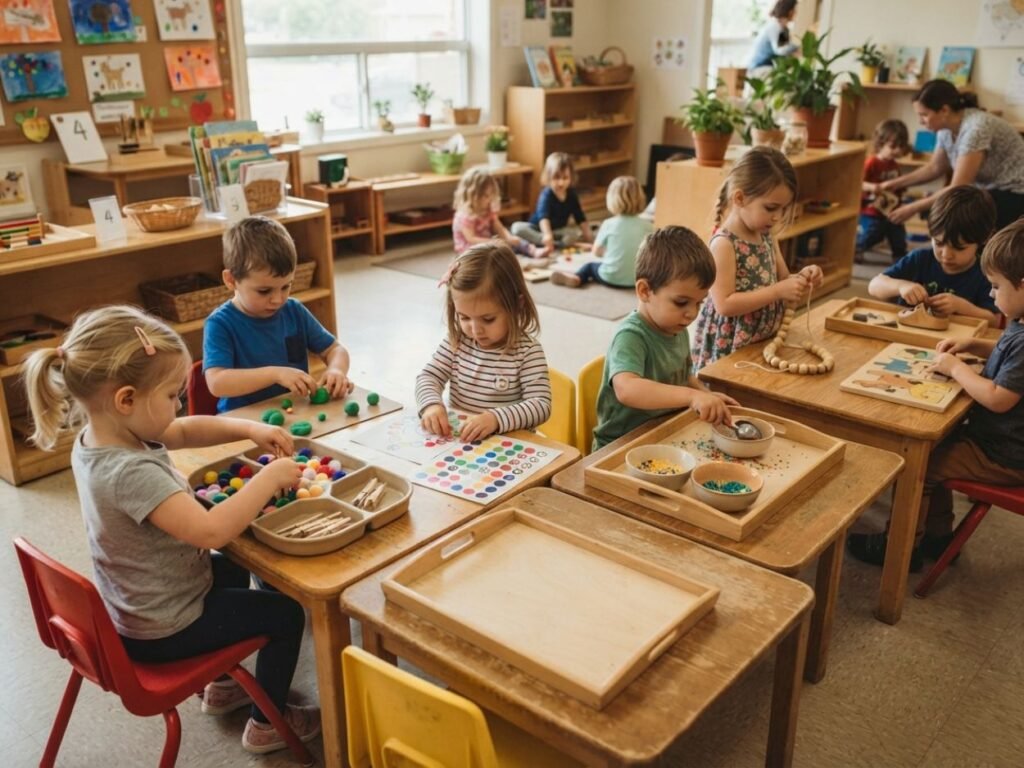 Groupe d'enfants réalisant divers exercices de motricité fine sur des tables en bois.