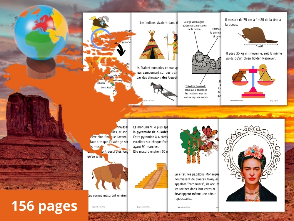 Extraits des fiches éducatives sur l'Amérique du Nord incluant des fiches de lecture, des portraits de Frida Kahlo et des illustrations de la faune locale.