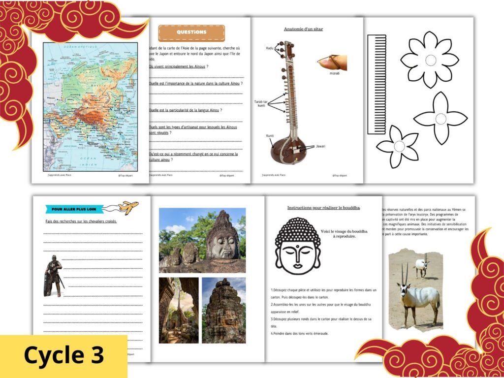 Aperçu de fiches pédagogiques sur l'Asie pour le cycle 3 avec exercices et illustrations