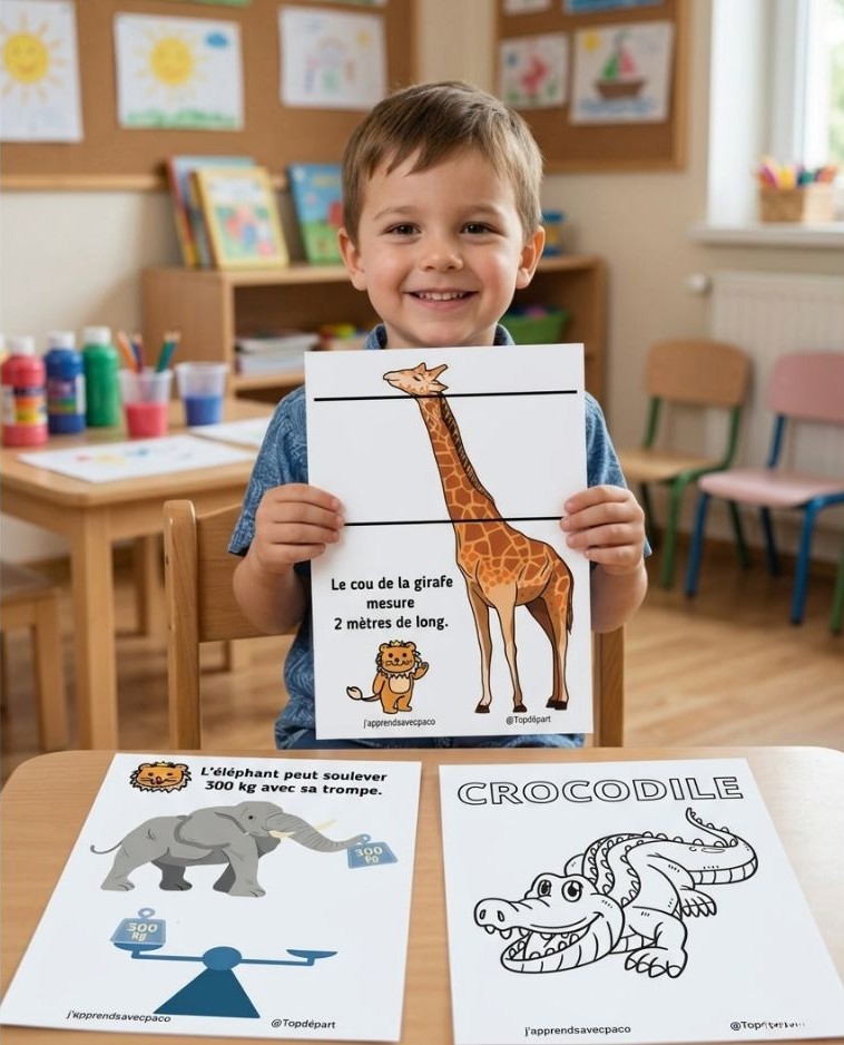 Enfant présentant des fiches éducatives sur la taille de la girafe et la force de l'éléphant, marque J'apprends avec Paco.