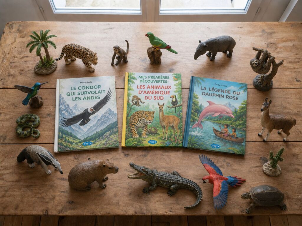 Livres et figurines d'animaux de la jungle d'Amérique du Sud