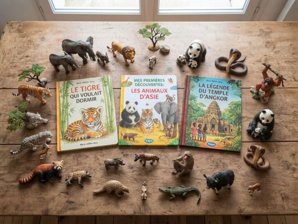 Livres et figurines d'animaux sauvages d'Asie sur une table en bois